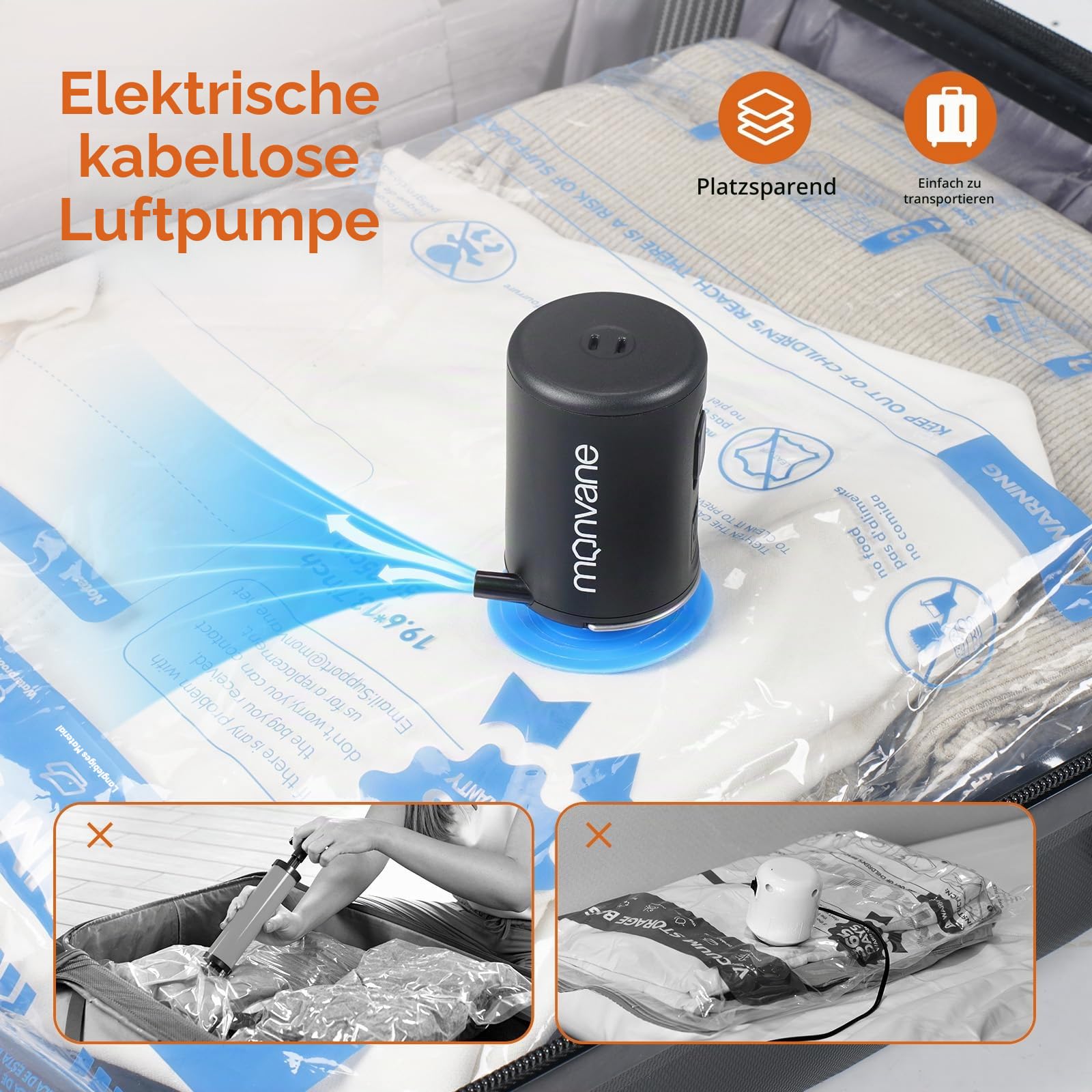 MONVANE Vakuumbeutel für Kleidung mit kabellose elektrischer Pumpe, Vakuum Bags 12 Stück（3*60*80cm + 3*50*70cm + 3*40*60cm + 3*30*50cm)— Vakuumbeutel für Reisen, Bettdecken, Decken, Kissen, Bettwäsche
