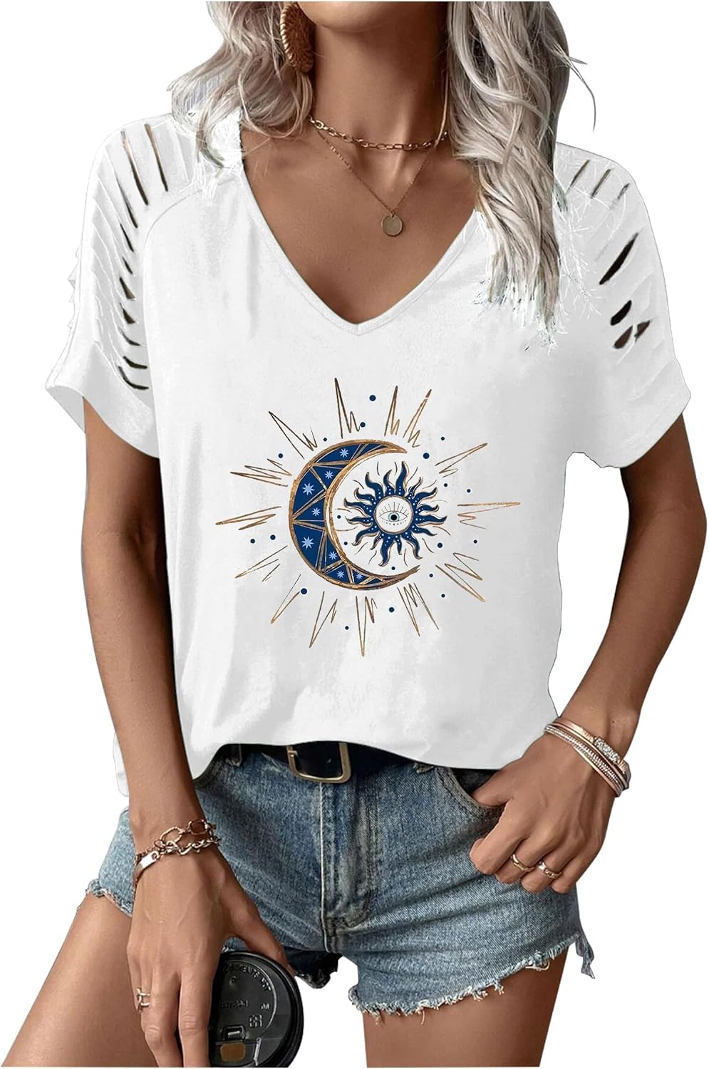 Women's Cut Out V Neck T-Shirts Boho Floral Graphic Tee Summer Cold Shoulder Short Sleeved Tops