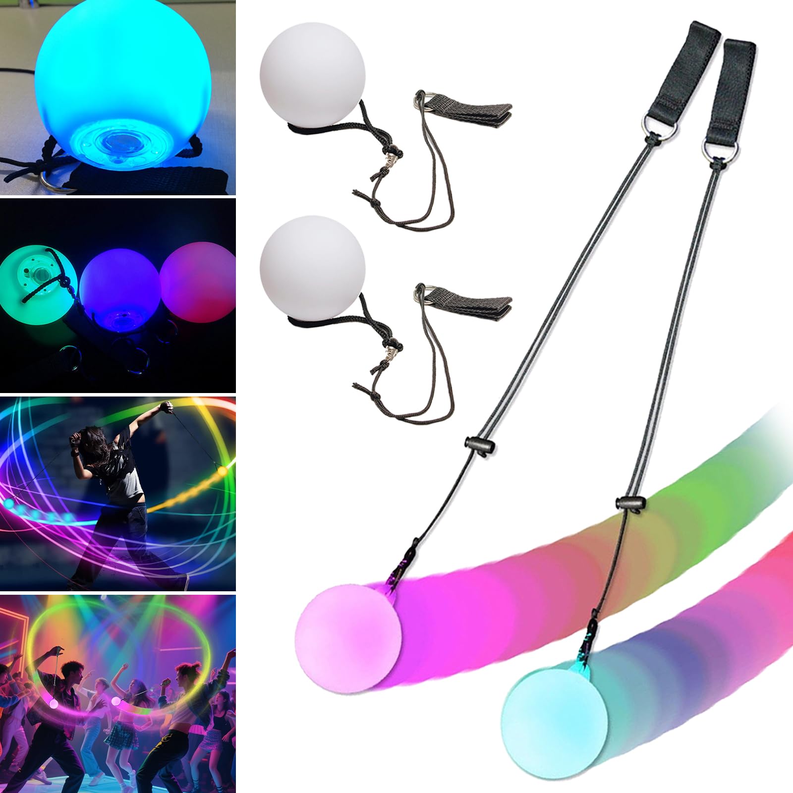 2 Stück LED Poi Bälle, Jonglierbälle Leuchtend, Leuchtball, Led Ball mit Regenbogen Farben und Strobe Effekt, Zirkus Spielzeug, Spinning Set für Erwachsene, Anfänger und Profis