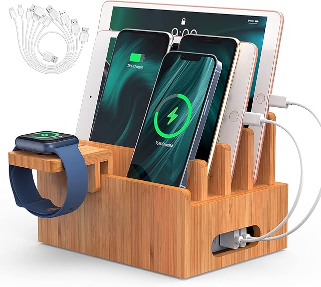 BEEBO BEABO Bamboo Charging Station for Multi-Device with 4 Slots, Charging Dock Stand Compatible with Cellphone, Tablet, Watch (Include 6 Charger Cables, Watch Stand, NO USB Charger)