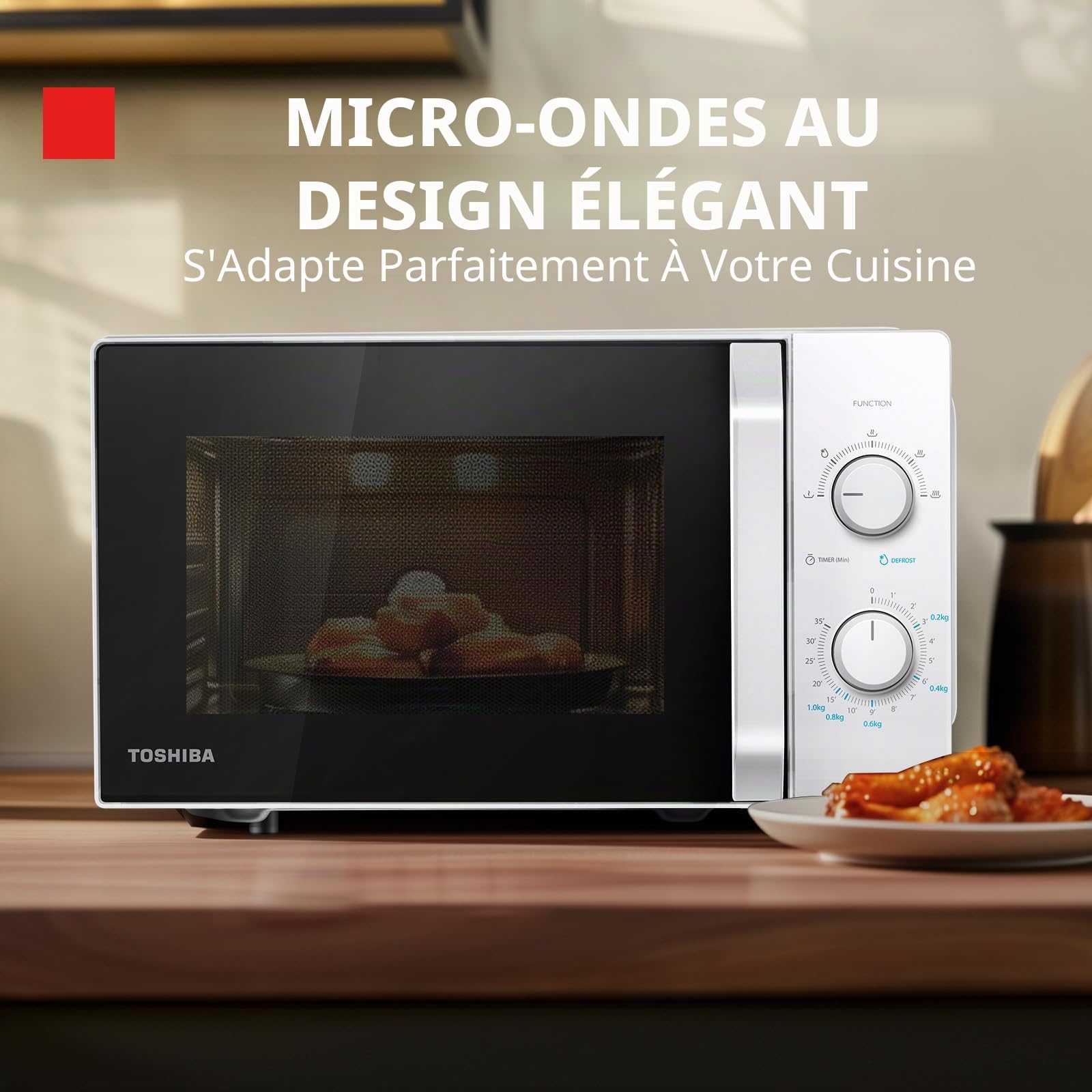 Toshiba MW2-MM20P(WH) Micro-ondes standard, 20 litres, 800 W, 5 niveaux de puissance avec fonction de décongélation pratique, éclairage LED intérieur/blanc