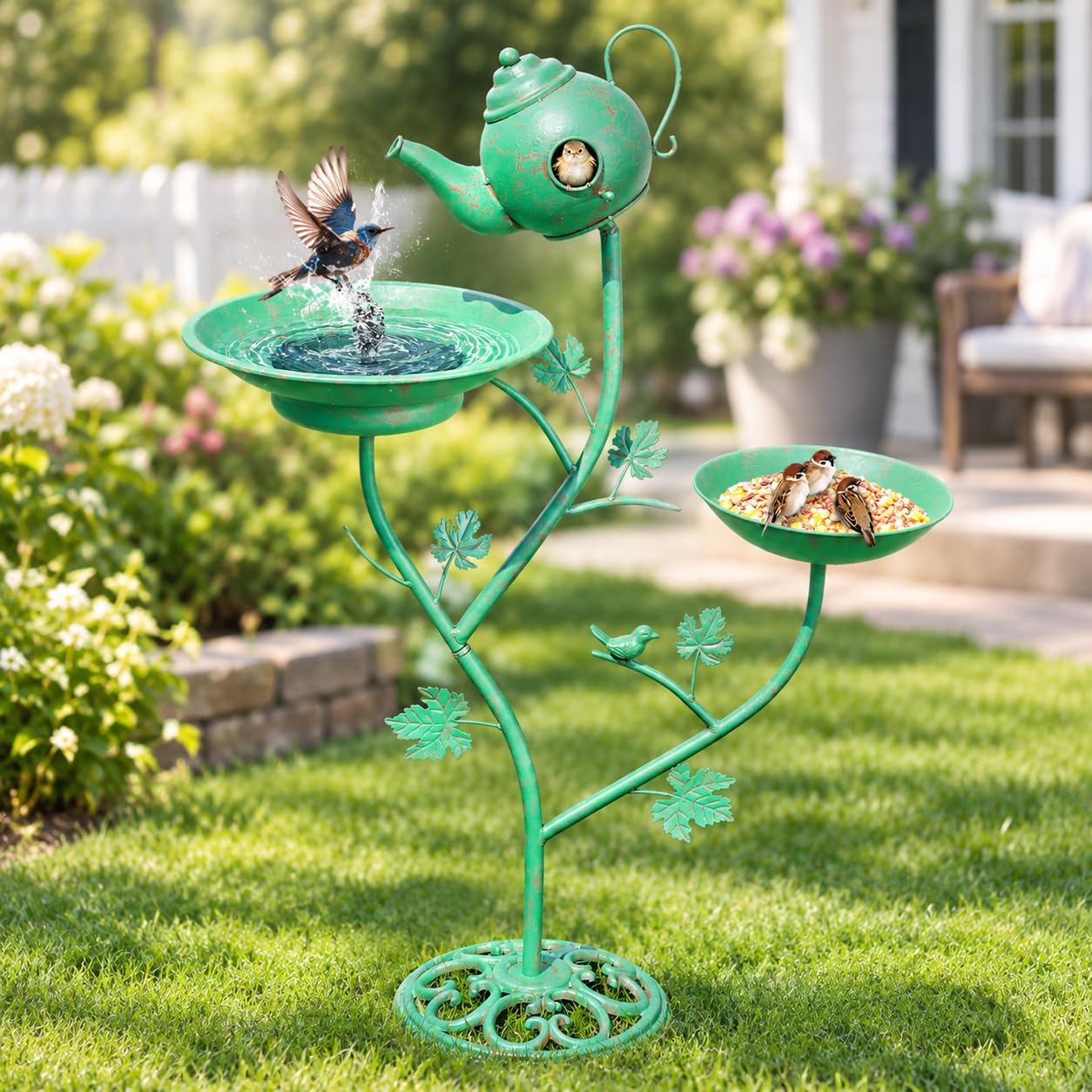 Fontaine solaire pour oiseaux avec nichoir en métal pour l'extérieur