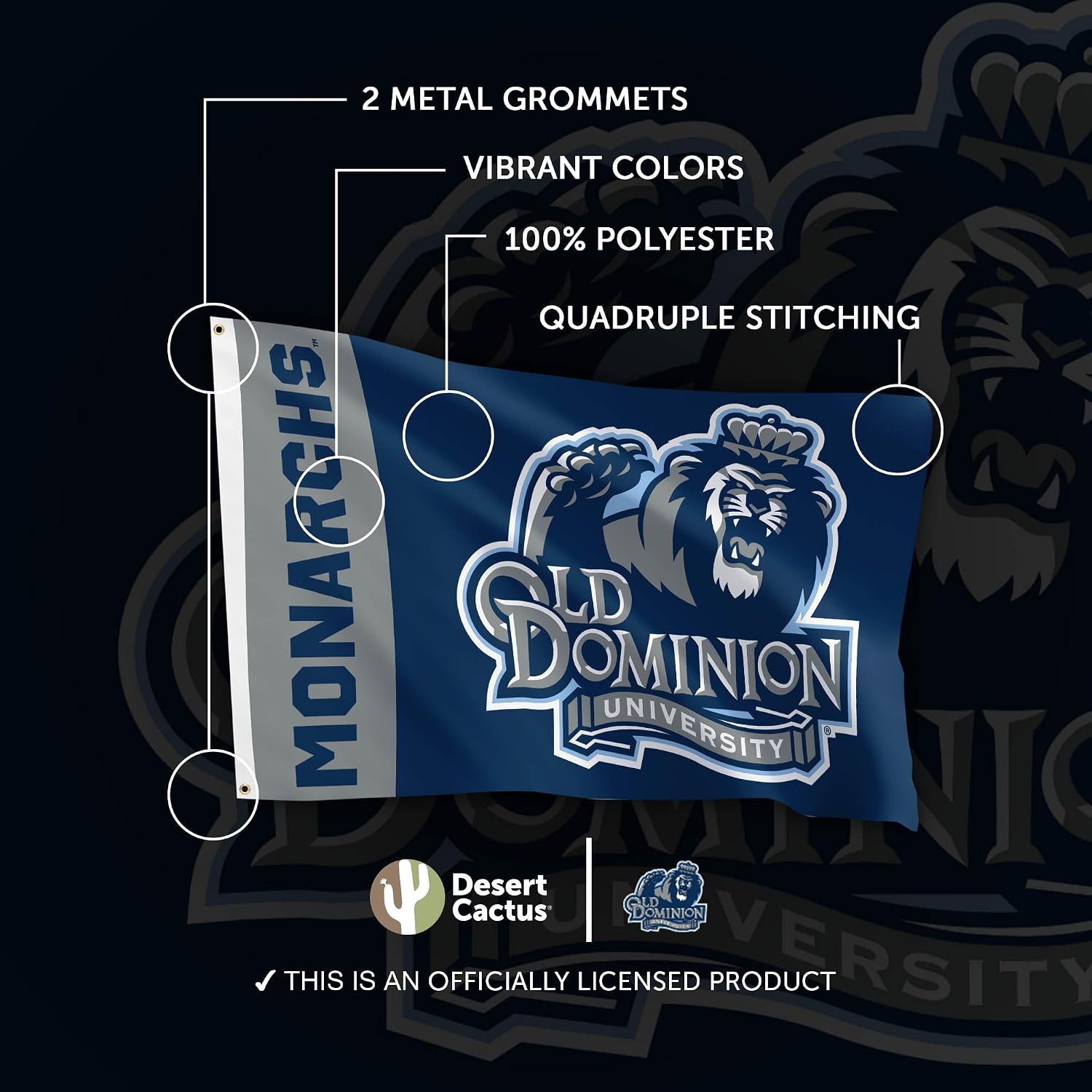 Desert Cactus Old Dominion University ODU Flag - 3 x 5 Feet Monarchs Banner, Indoor/Outdoor Durable Fabric, 100% Polyester Design (Style Team Name)