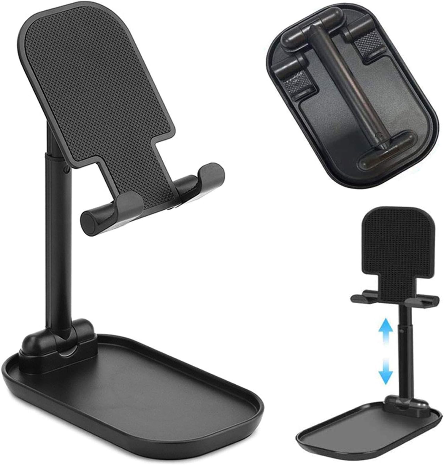 Upgraded Cell Phone Stand for Desk, Foldable Adjustable Desktop Phone Holder Cradle Dock for Home Office Travel Compatible with Smartphone Android, iPhone 11 Xs XR 8 7 Plus, Tablet iPad (Black)