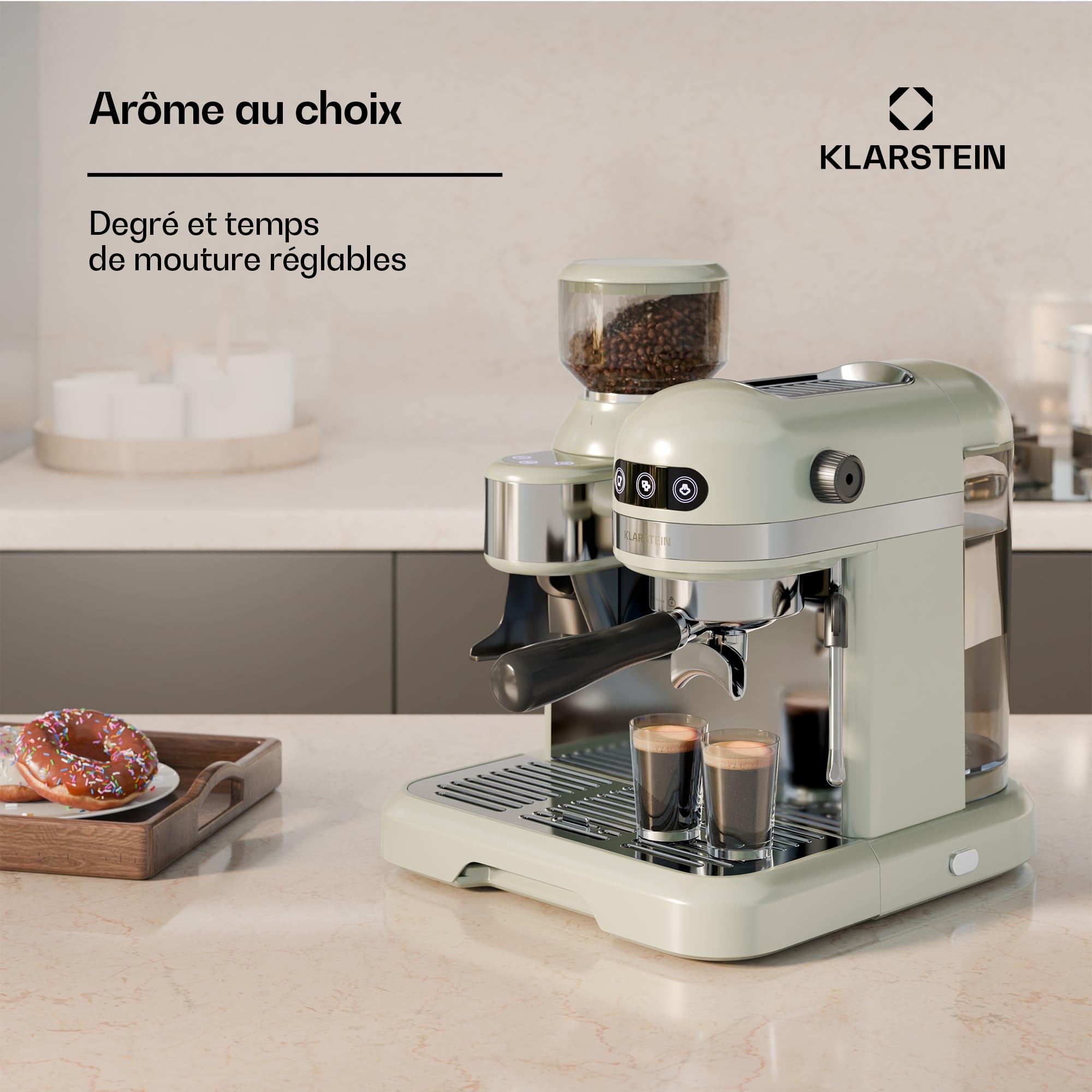 KLARSTEIN Bella Café Machine à café en grain – 19 Bars, 1550 W, Broyeur intégré 200 g, Mousseur à lait, Réservoir 1,4 L, Acier inoxydable, Design rétro, Crème