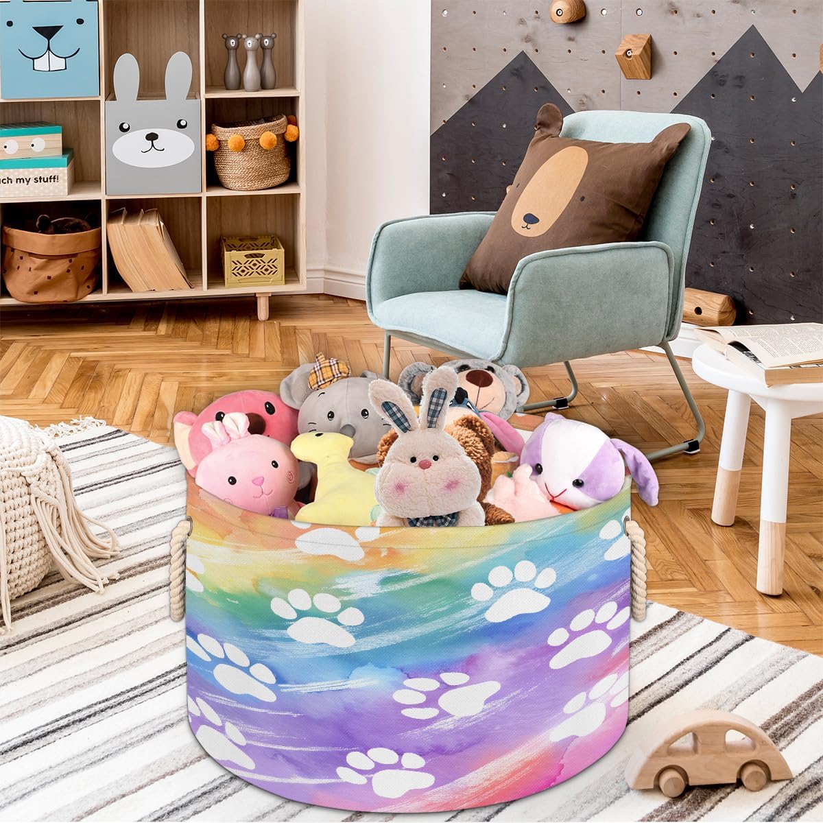Large Round Laundry Basket Rainbow Cute Paw Print Toy Bins Organizers and Storage for Girls Canvas Collapsible Blanket Storage Basket Laundry Hamper Gift Baskets Bedroom Clothes Children Nursery