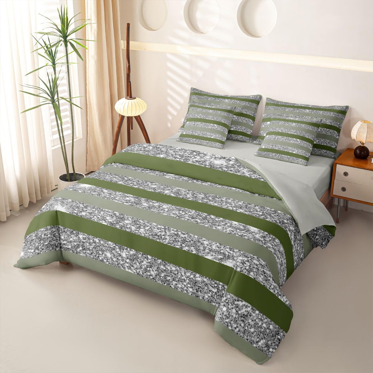 Loussiesd Juego de funda de edredón de 7 piezas, color verde oscuro, tamaño doble, juego de ropa de cama con purpurina en una bolsa, funda de edredón, sábanas, fundas de almohada, fundas de cojín