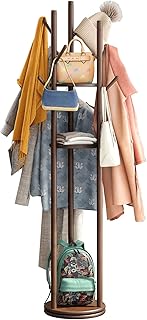 Coat Rack Freestanding, Rotary Coat Rack Stand with 8 Hooks, Bamboo Wood Coat Tree for Clothes/Bags/Hats, Sturdy Freestand...
