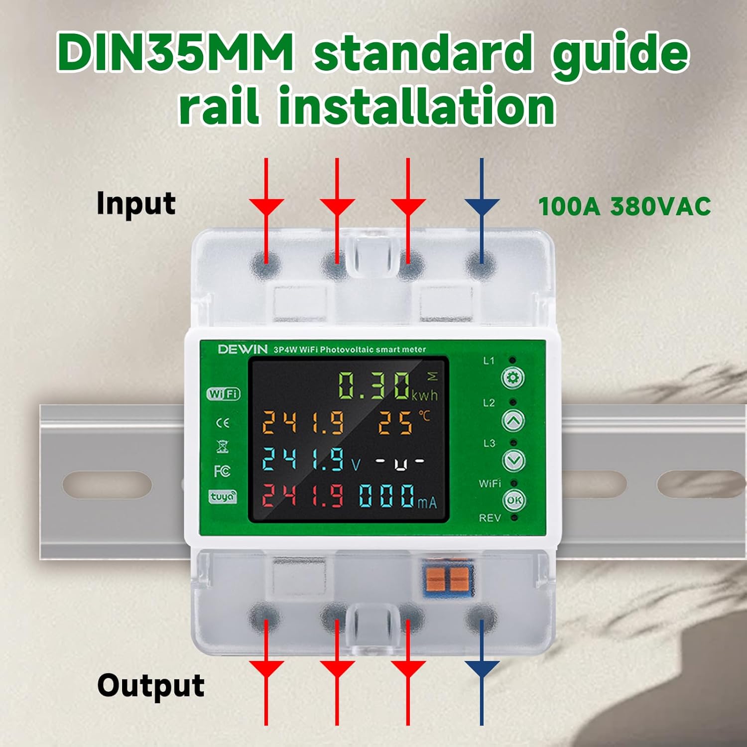 DIN rail installation diagram for the DewinLVD Smart Energy Meter