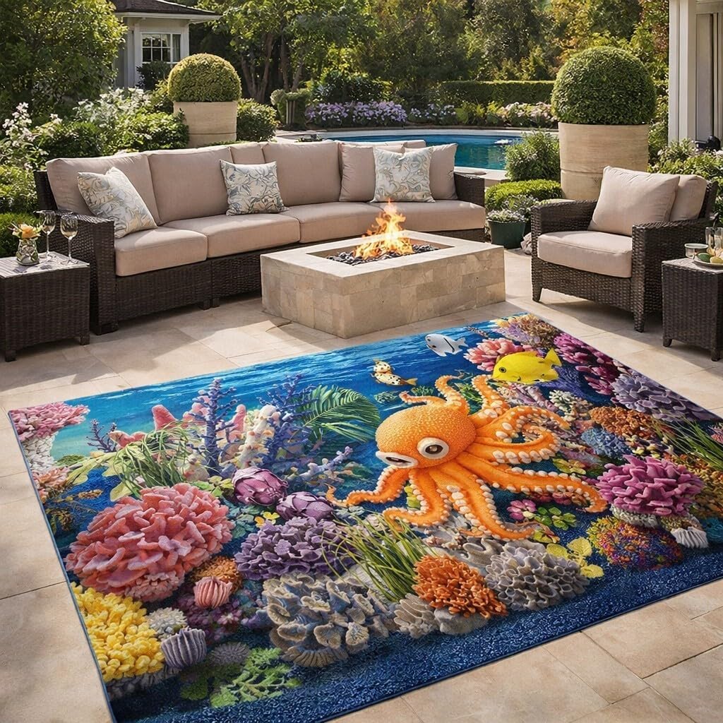 Unique Coastal Modern Outdoor Rug 3x5 Beach Theme Decor Tropical Octopus Fish Coral Print Multicolor Rugs for Patios Deck Backyard Balcony Garden Pool Waterproof Thin Non Skid Floor Carpets