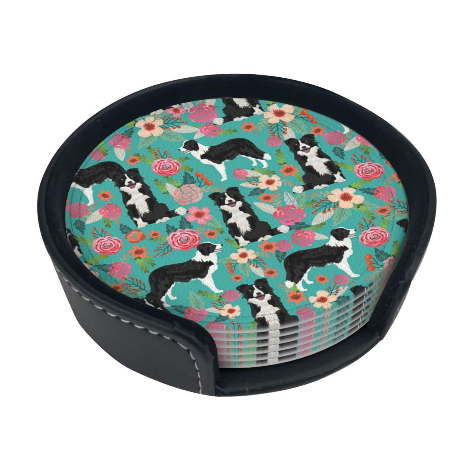 Alteko Border Collie Florals Coasters Set Of 6 Print Leather Coasters For Drinks,Home Décor And Housewarming Gift
