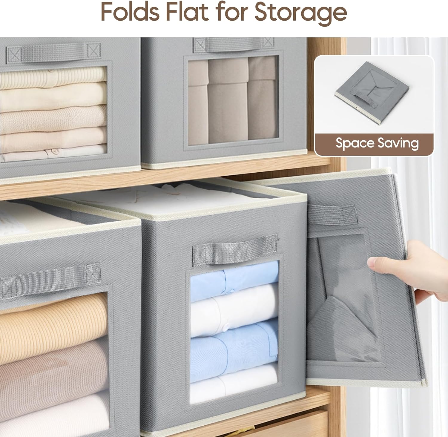 Homsorout Foldable Storage Cubes - Cubby Storage Organizer with Window, 11 Inch Baskets for Organizing, Collapsible Fabric Storage Cubes for Shelves, Closet, 10 Pack, Grey