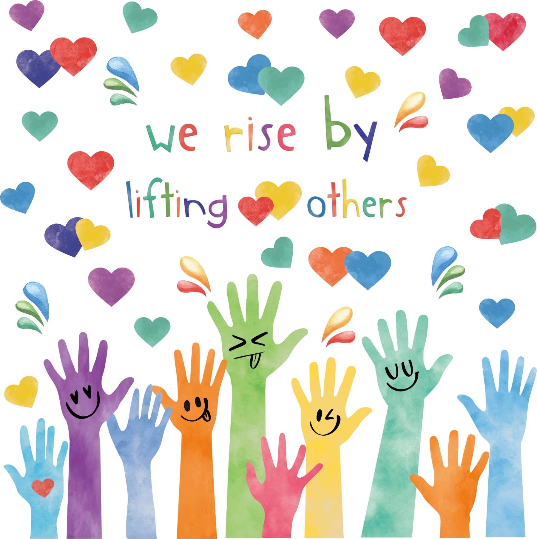 TOARTi Inspirational Wall Stickers,We Rise by Lifting Others Wall Decals,Heart Window Clings,Handprint Wincow Decal,Colorful Hands Stickers for Murals Glass School Classroom Nursery Kids Room Bedroom - Image 2