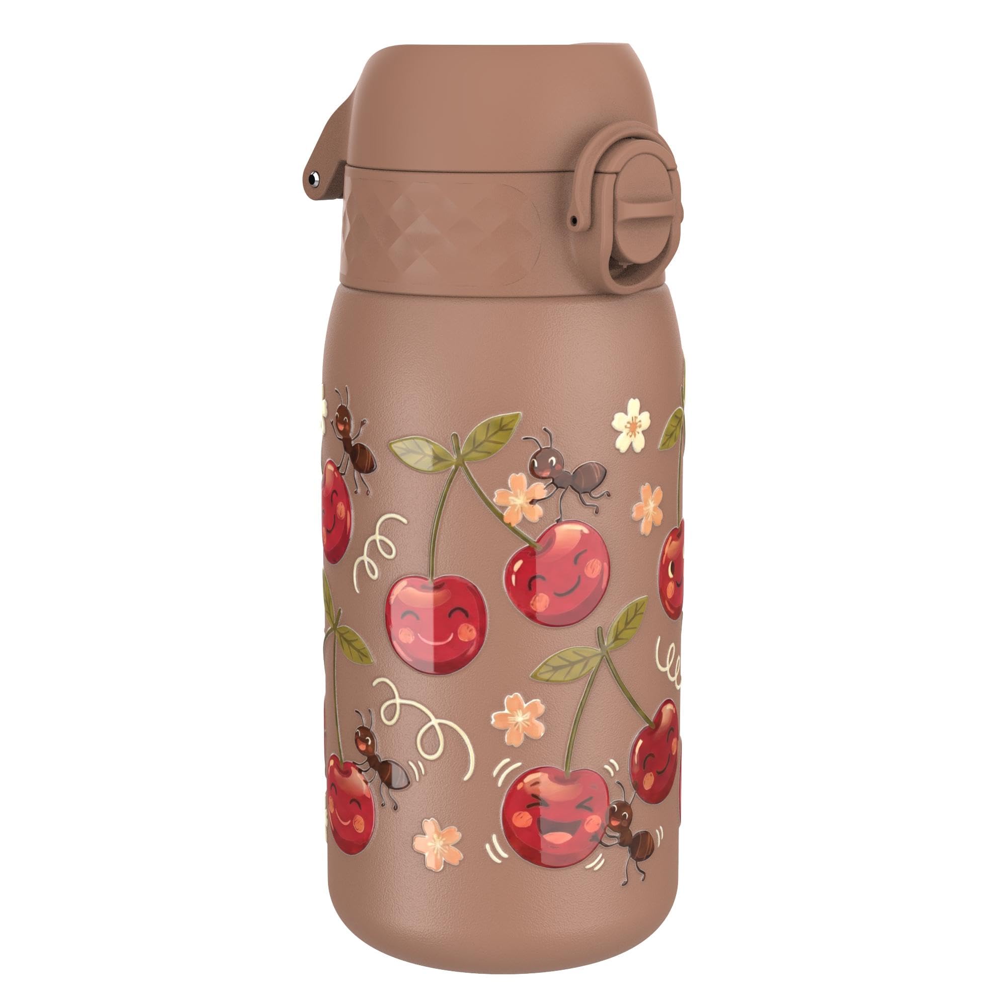 Ion8 Lightweight Steel Kids Water Bottle, 400ml/13oz, Non-Insulated, Leak Proof, Easy to Open, Secure Lock, Dishwasher Safe, Fits Cup Holders, Carry Handle, Metal Water Bottle, Cherries