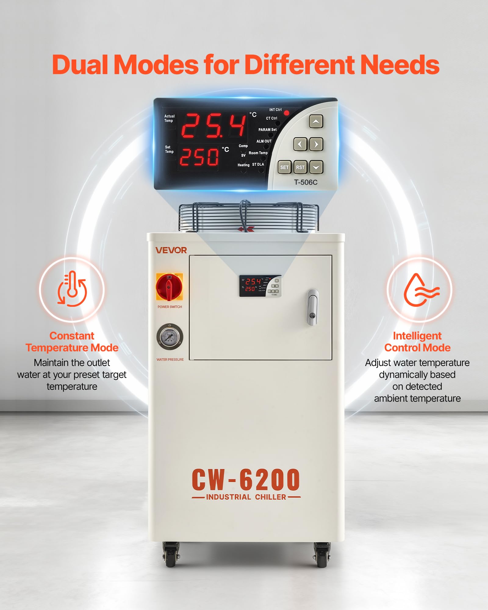 VEVOR Industrieller Wasserkühler, 5 kW, Wasserkühlsystem mit Kompressor, 15 L Tankinhalt, max. Durchflussrate 70 L/min, Industrial Water Chiller für CO2-Laser-Röhrengravur- & Schneidemaschinen