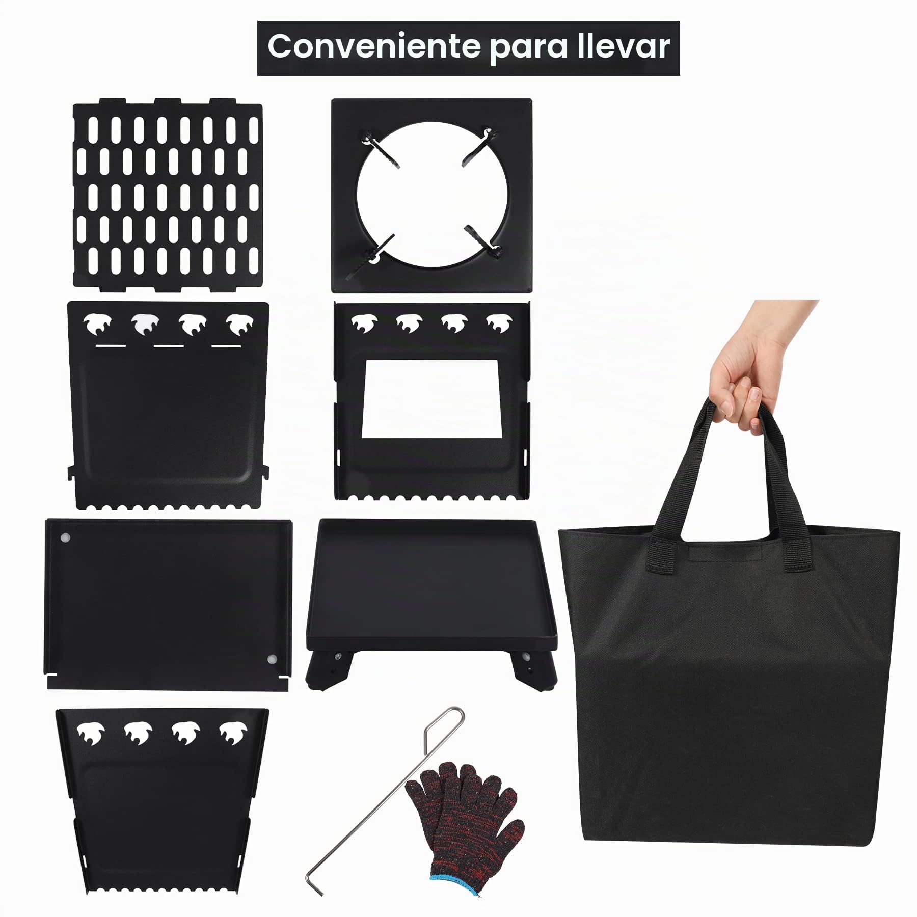 Estufa de Leña Portátil de Hierro Fundido para Camping, Negra Con Funda de Transporte para Mochileros, Cocina Al Aire Libre, Grande