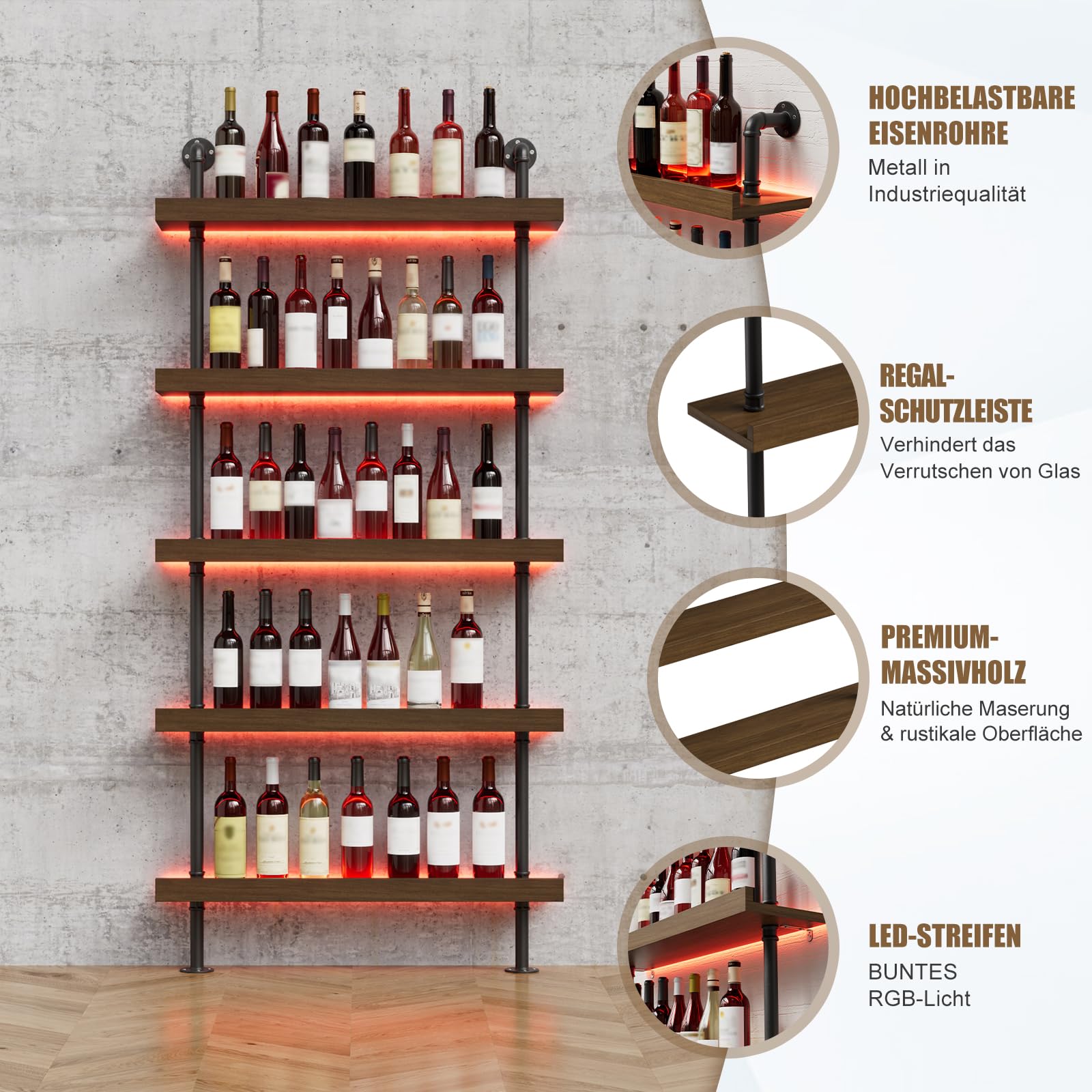 Weinregal Wand mit LED 5 Ebenen Wandmontage Wine Display-Ständer Weinregal für Die Wand aus Metall & Massivholz Wandmontierte Weinregal Bar Regal für Bars,Weinkeller,Küche,Restaurants 20x100x180CM