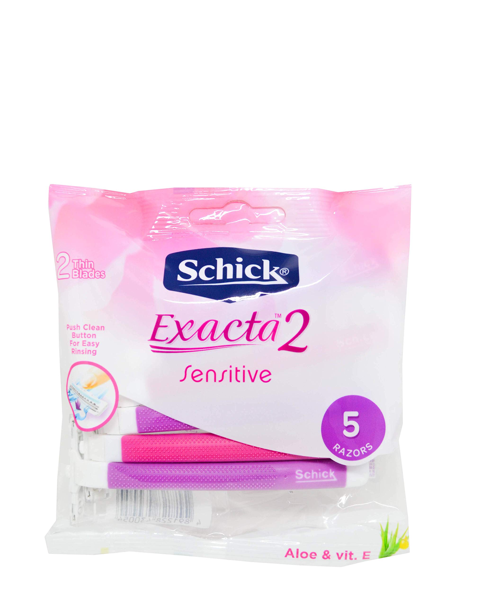 Exacta2 Sensitive Disposable Razor for Women, 5 Pack,Suitable for Sensitive Skin, Ultra thin 2 Blades, Lubricating Strip with Organic Aloe + Vitamin E, Push Clean Button