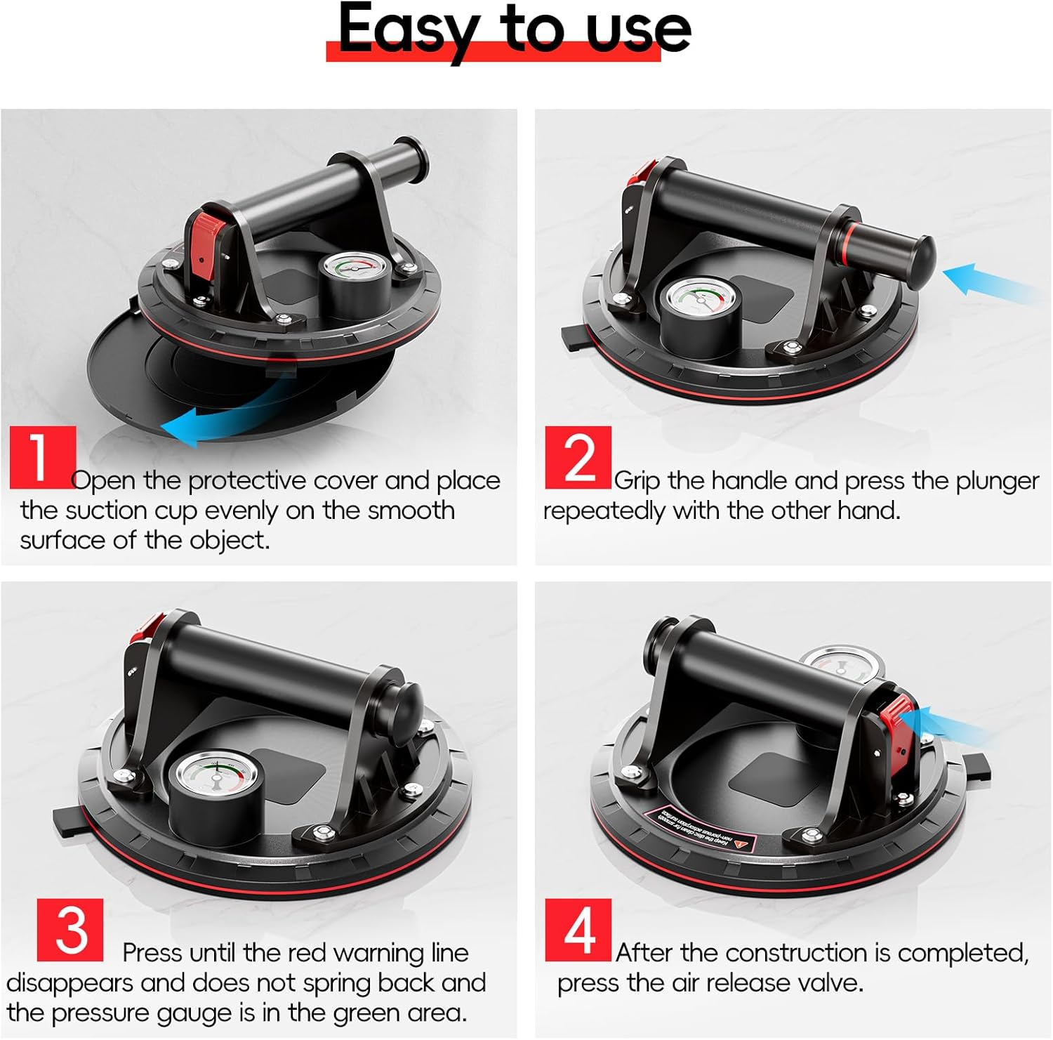 SPECILITE 8" Heavy Duty Glass Suction Cups 2 Pack with Pressure Gauge for Lifting Large Tile, Marble, Windows, 880 lbs Load Capacity, Industrial Vacuum Lifter with Handle, Carrying Case, Gloves, Black