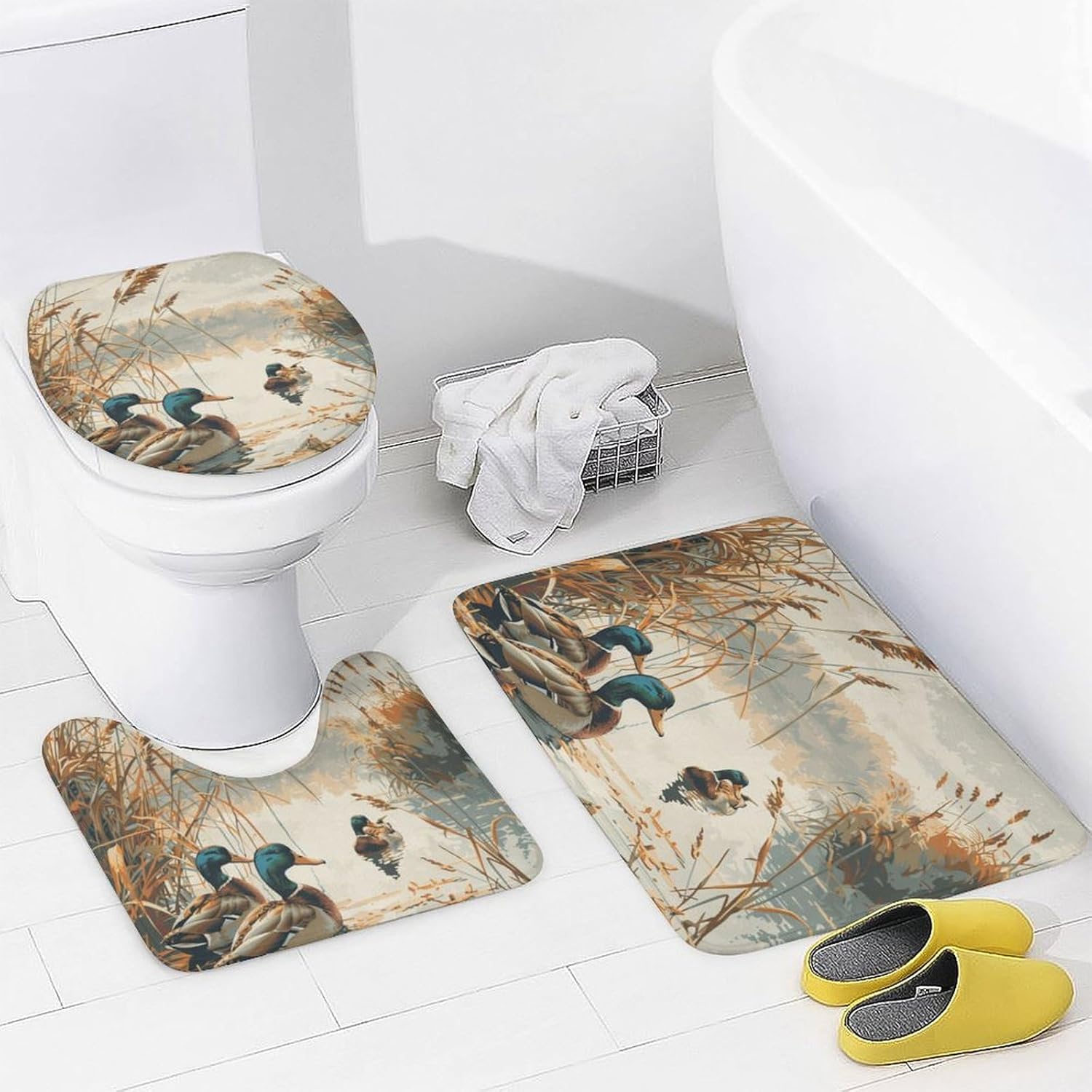 4Pcs Wild Lake Duck Shower Curtain Set with Toilet Lid Cover U-Shaped Mat and Non-Slip Rugs, Rustic Animal Plant Scenery Shower Curtain Bathroom Decor Set, 72" x 72"