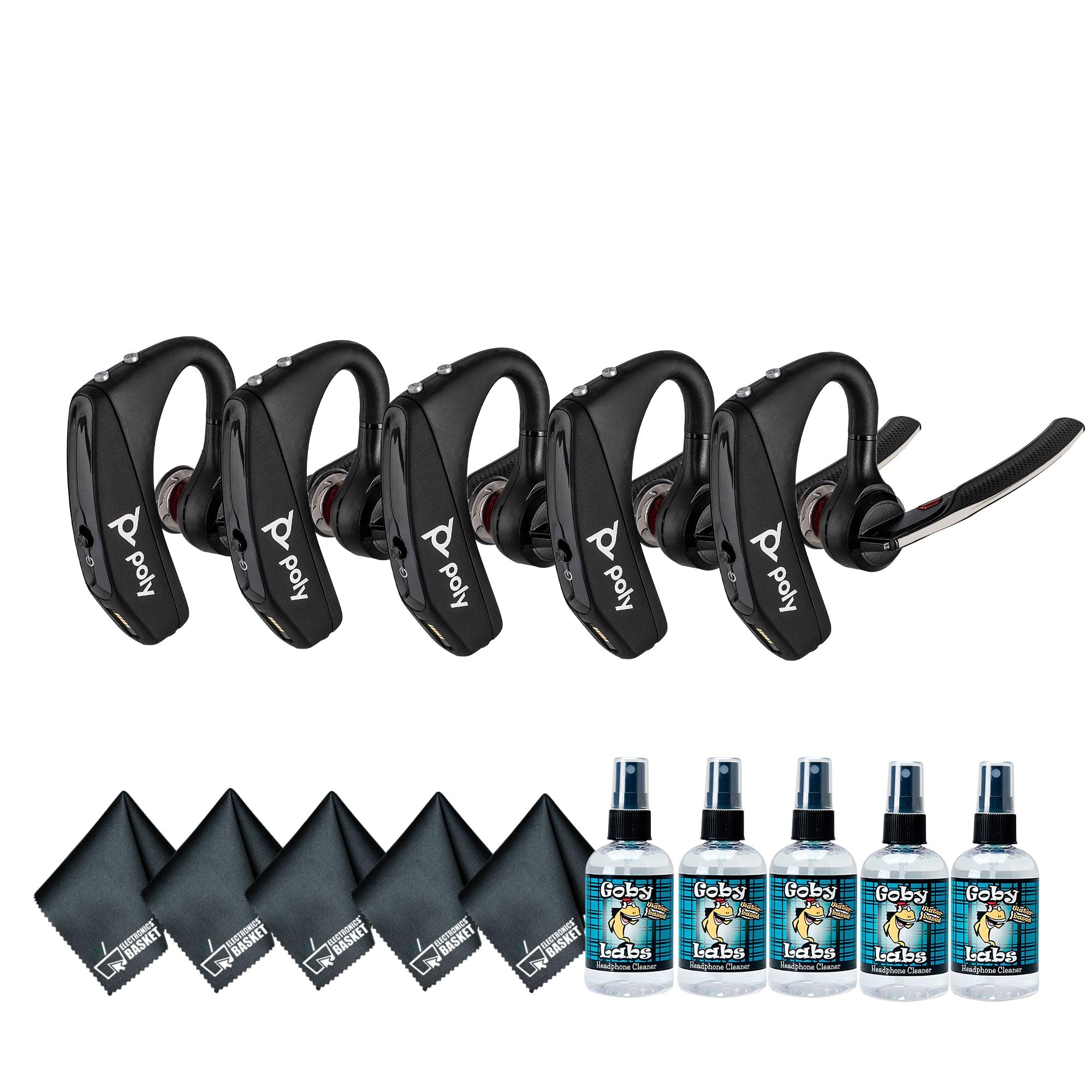 Poly Voyager 5200 Wireless Headset (Plantronics) - Single-Ear Bluetooth Headset w/Noise-Canceling Mic (5 Pack) Bundle Including: Goby Labs Mic Cleaner, Electronic's Basket Fiber Cloth