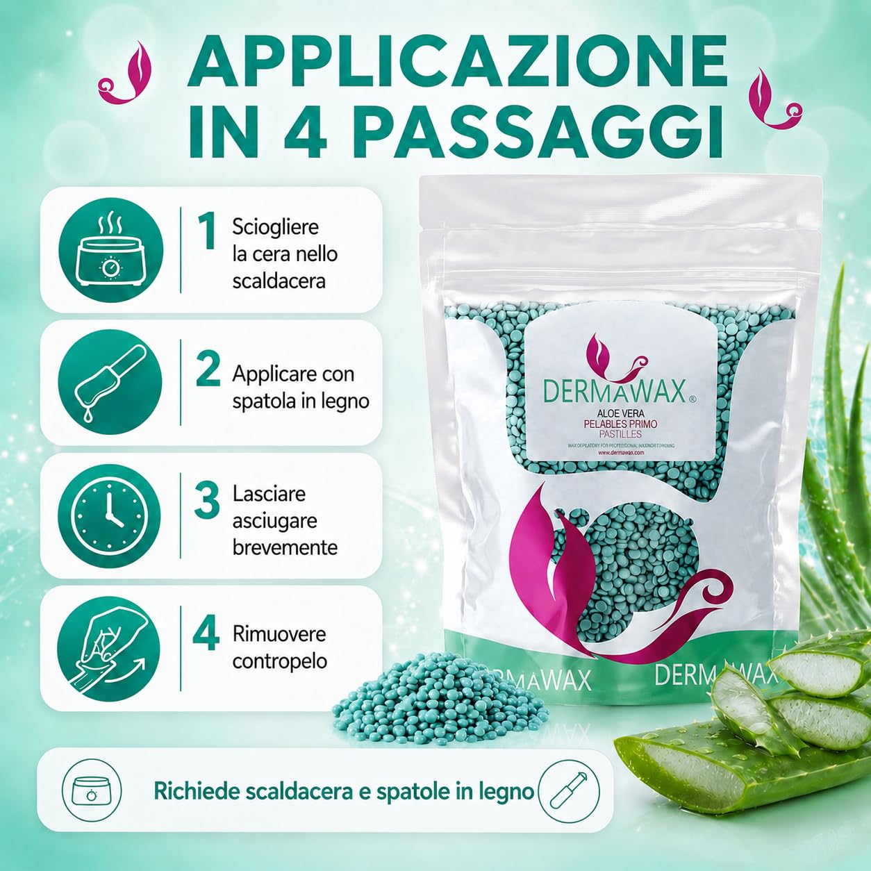 Dermawax Perle di Cera Aloe Vera 1 kg – Cera a Caldo Senza Strisce per Pelle Sensibile – Epilazione Professionale per Bikini, Viso e Corpo – Made in Italy