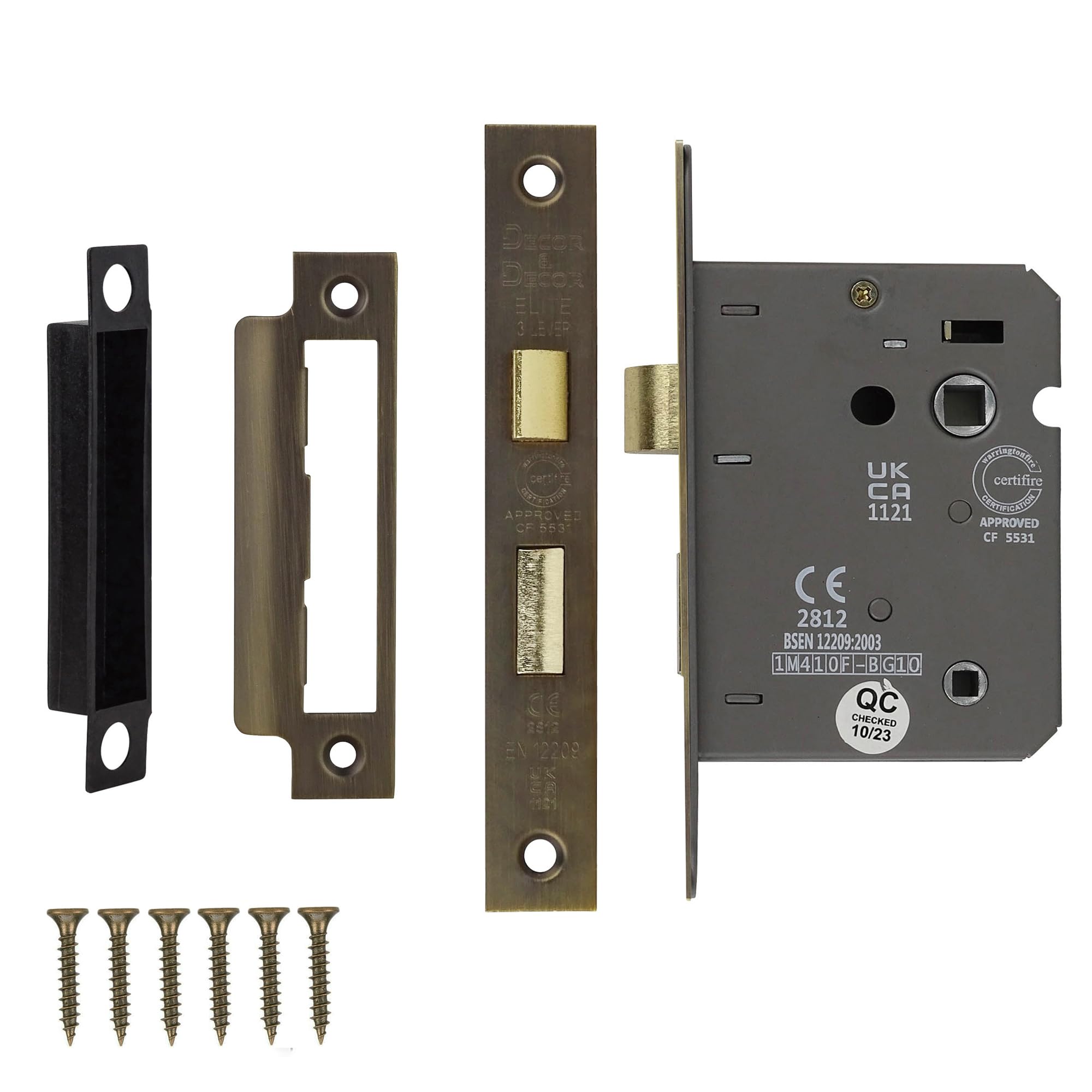 Decoranddecor Antique Brass Bathroom Mortice Lock - 3Inch / 76Mm - Fire Rated - Ukca & Ce Approved