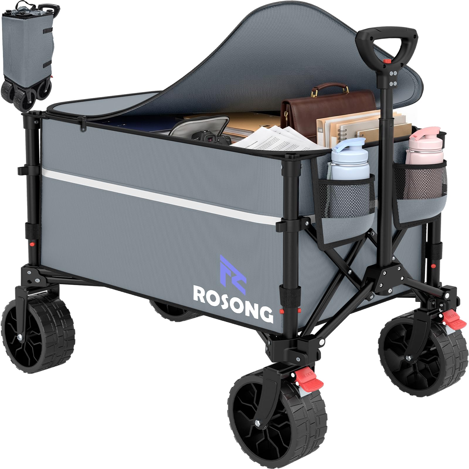 ROSONG Collapsible Wagon Cart with Wheels, Grey with Cover, 120L