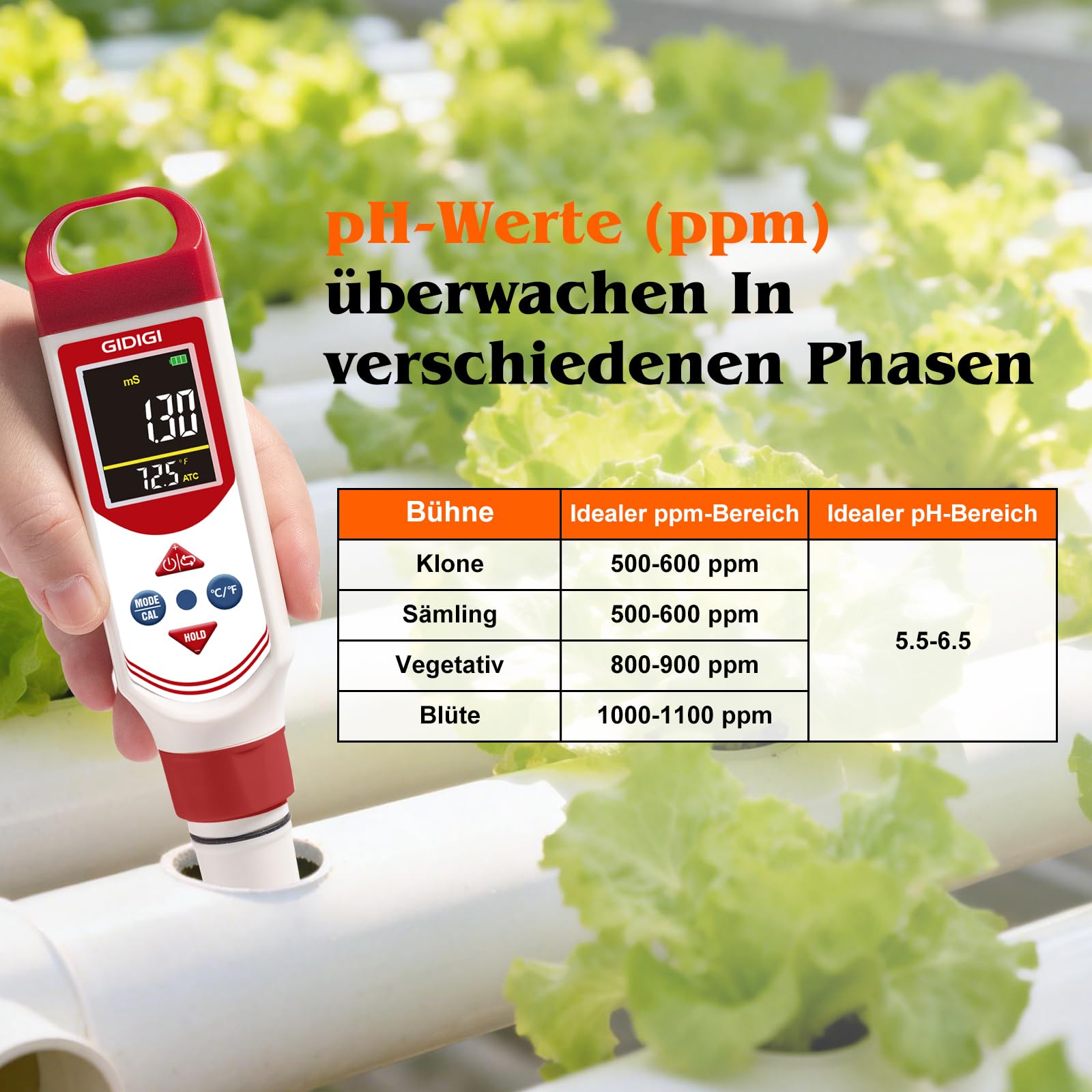 pH EC Messgerät für Hydrokultur, Digitales pH, TDS, EC, ppm Messgerät mit Farbdisplay, Hochpräzise pH Stiftsonde für Trinkwasser, Nährlösungen, Aquarien, Pools und den Hausgebrauch