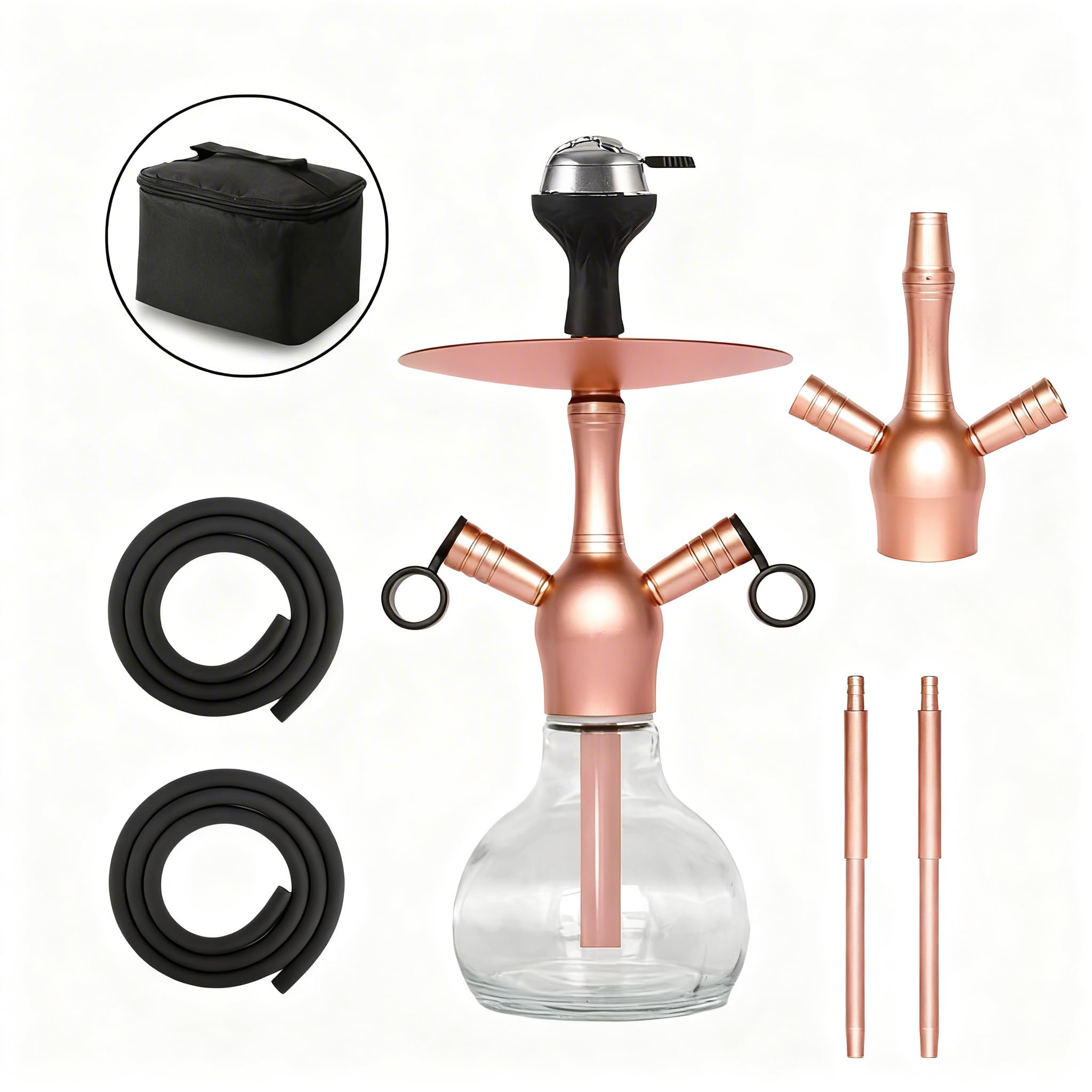 RMAN® Shisha Set Komplett Aluminium 37cm Mini Wasserpfeife mit 2 Schläuche | Deutschland, Tasche, Premium Zubehör, Zange, Kopf Set, Mundstück, Tauchrohr, Diffusor & Acryl Bowl, Glasflasche, Rosa