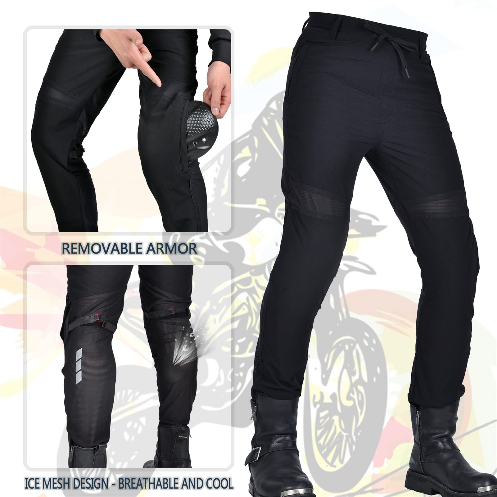 Pantaloni da moto estivi per uomo e donna, tuta da armatura da moto anti-caduta traspirante a due vie,da moto da uomo con protezione (Black,XL)
