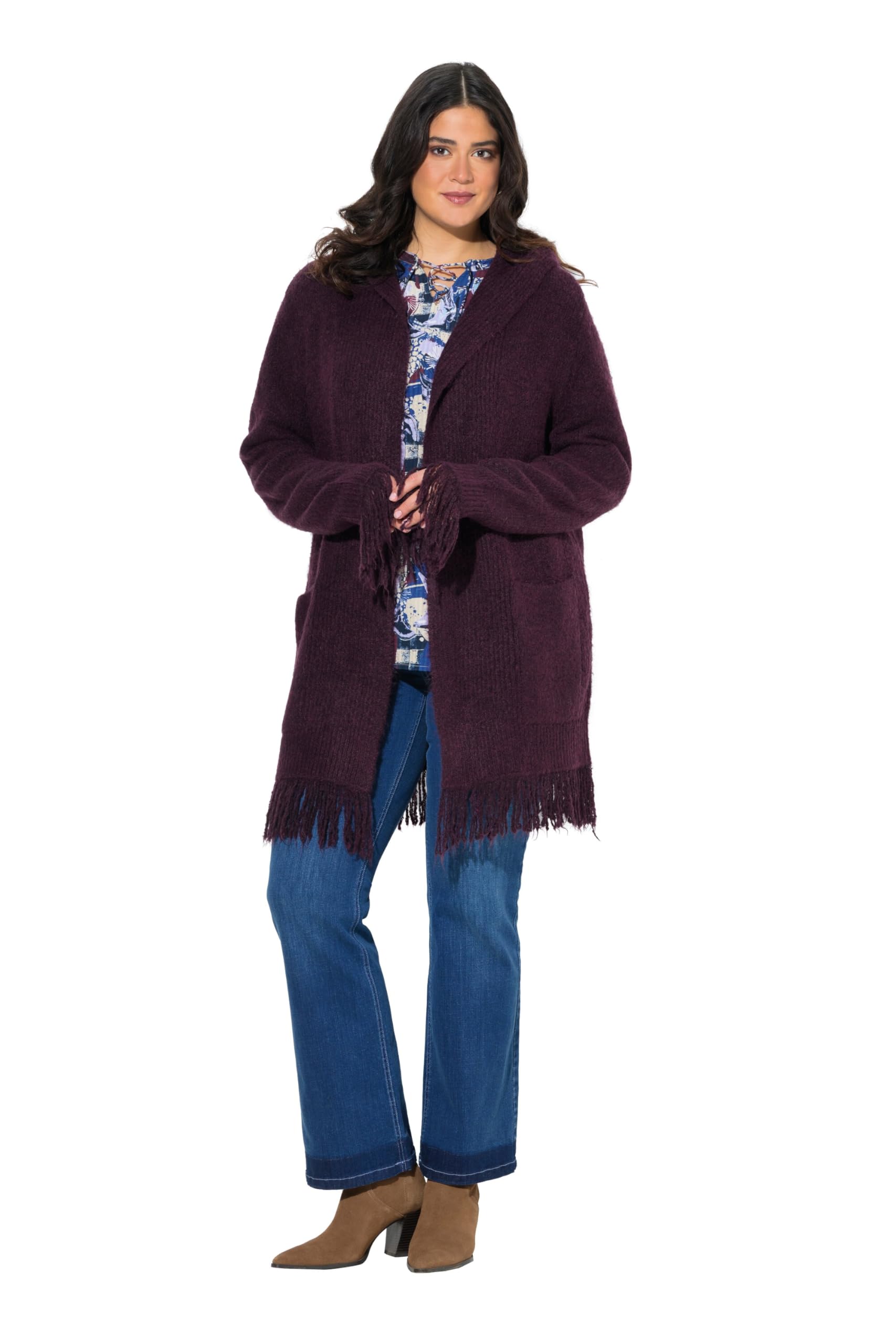 Ulla Popken Damen große Größen Übergrößen Plus Size Strickjacke, Fransen, Kapuze, ohne Verschluss, Langarm 841020