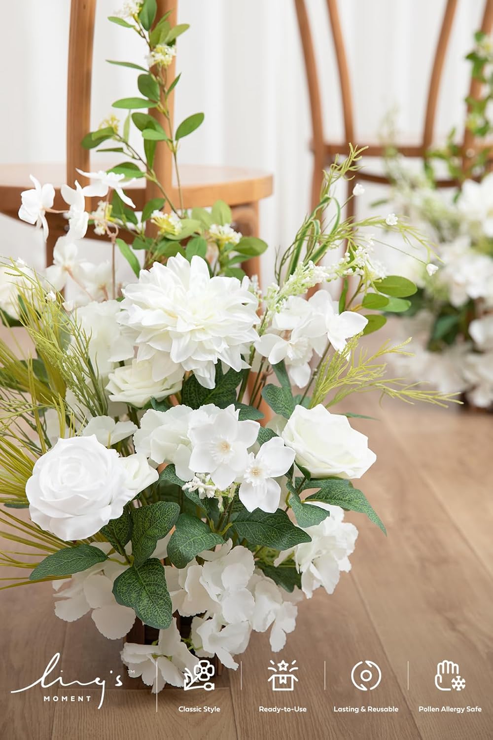 Condition photo showing New/Like New for ling's moment 17.5" tall free standing artificial flowers arrangements 2 pcs wedding aisle runner chair decorations lily white green centerpieces for ceremony reception rose floral floor party outdoor wht- lily of the valley white