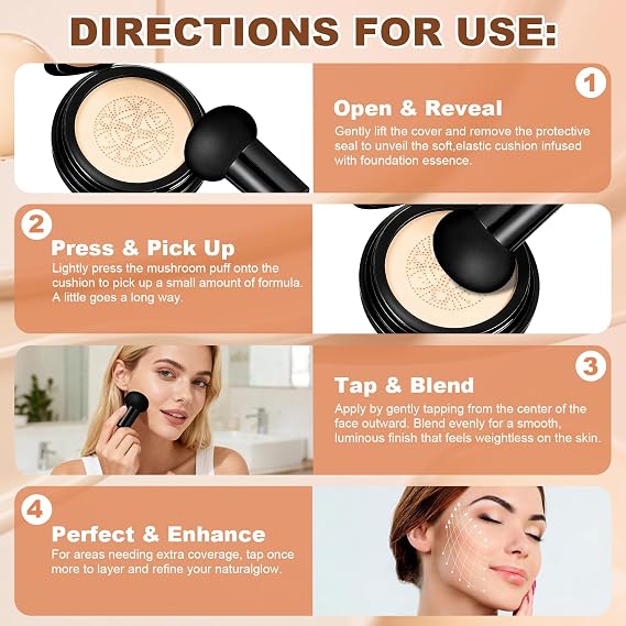 Natural Glow - Ideal for Light/Medium Complexions, Mushroom Head Air Cushion CC Cream - BB Cream Foundation for Older Women (Natural)
