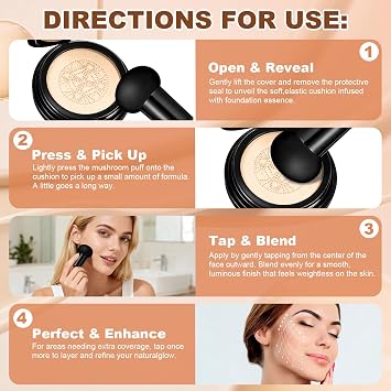Natural Glow - Ideal for Light/Medium Complexions, Mushroom Head Air Cushion CC Cream - BB Cream Foundation for Older Women (Natural)