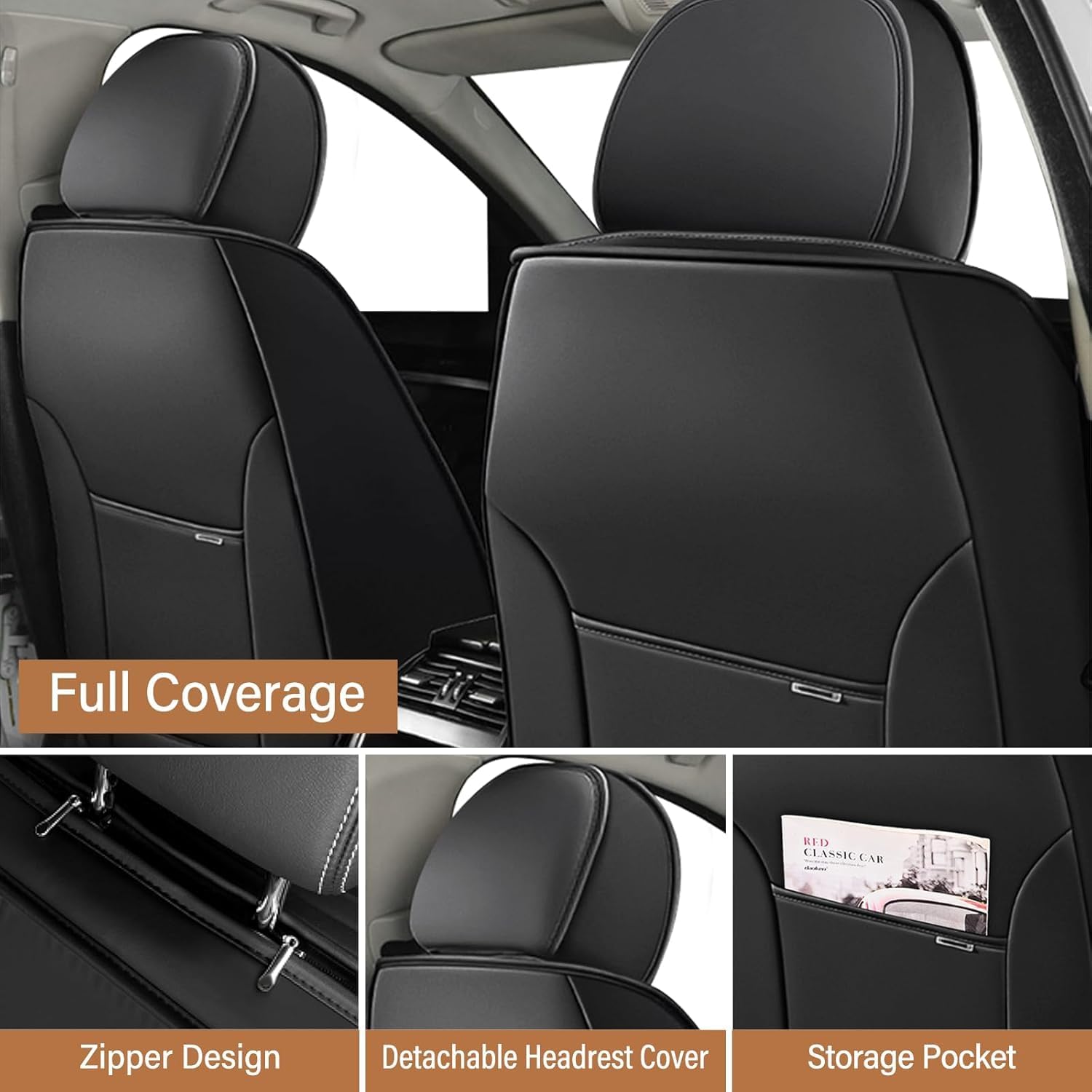 Fit for 98% of BMW Car Seat Covers, Full Surround Faux Leather Anti-Slip Waterproof Auto Seat Cover(Black&Coffee,Front Set)