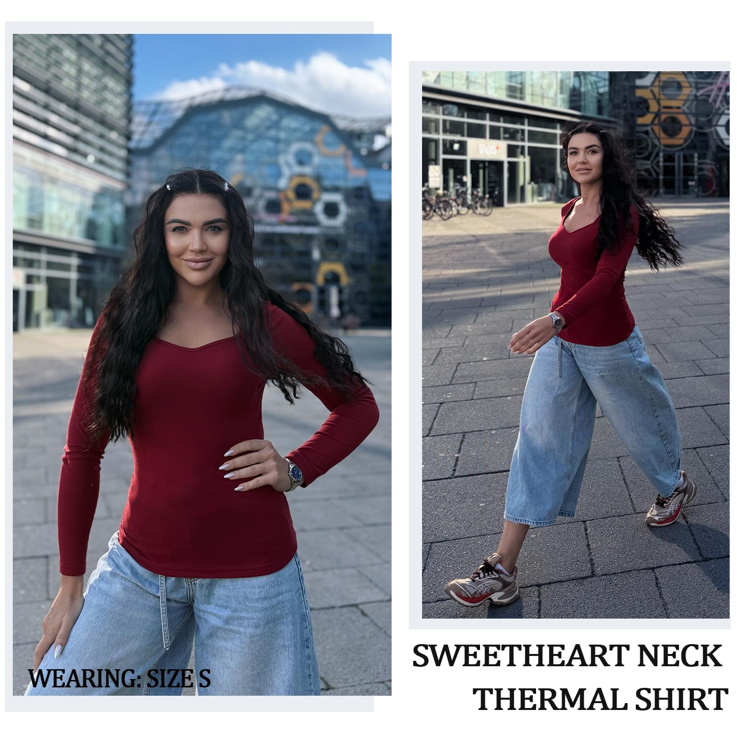 WOWENY Maglia Termica da Donna in Pile, a Maniche Lunghe con Scollo a Sweetheart, Elegante Camicia Termica a Maniche Lunghe a 3/4, Calda, Comoda, per l'inverno