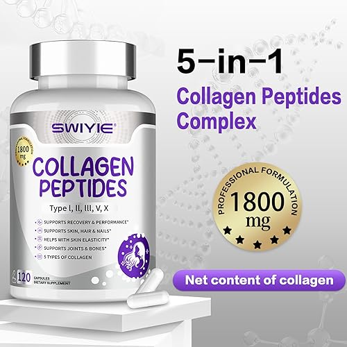 Miniatura 8 de Cápsulas de péptidos de colágeno múltiple de 1800 mg, suplementos de colágeno hidrolizado para mujeres y hombres con tipos I, II, III, V y X,