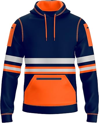 mymixtrendz Mens Hi Vis Pullover Multi Zipped Pockets Hoodie Safety Work Wear Reflective Tape High Visibility Hoodie Sweatshirt S-2XL