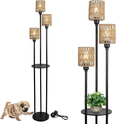 Rayofly Rattan Stehlampe Wohnzimmer, Boho mit Regal, 3-flammige Vintage Stehleuchte Lampenschirm & Fußschalter, Industrial für Schlafzimmer Kinderzimmer Büro, Höhe 168cm