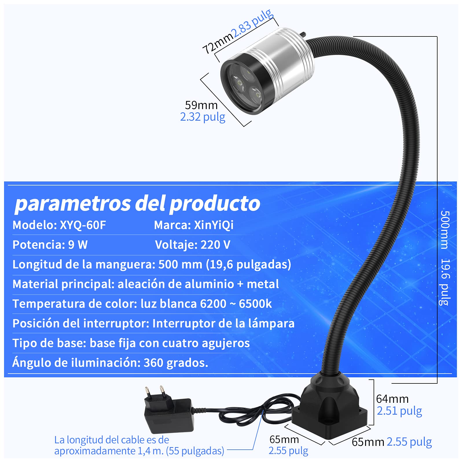 Lampada da lavoro a LED impermeabile IP66 con collo di cigno flessibile, 230 V, 900 lumen, attacco a 4 fori con vite a vite per macchine utensili industriali e banchi da lavoro