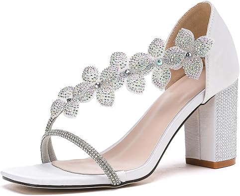 GATUXUS Womens Rhinestones Chunky High Heels Strappy Sandals Square Open Toe Dress Shoes for Bridal Wedding