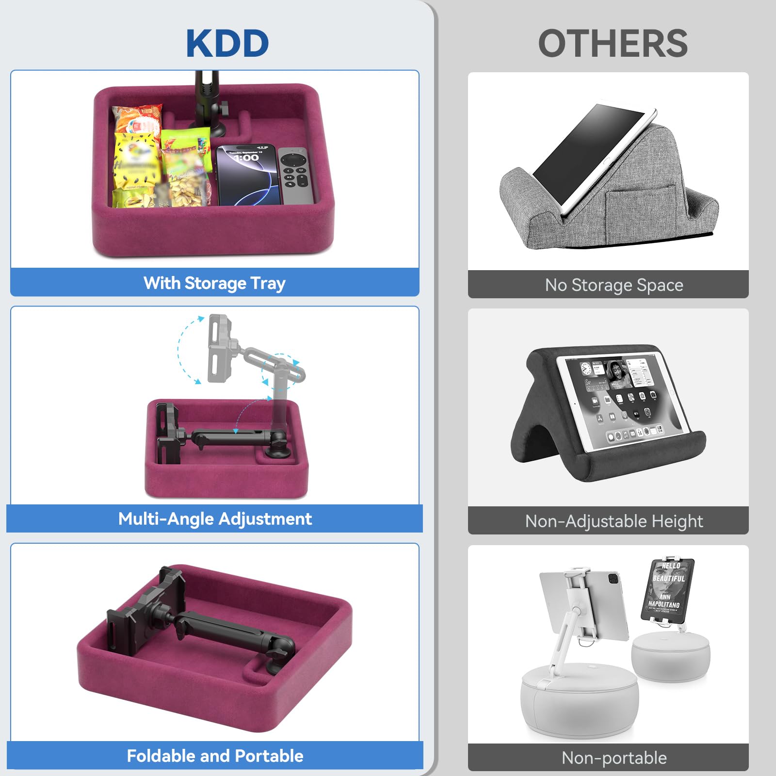 KDD Coussin Support Tablette - Porte iPad Réglable pour Genoux, Lit, Bureau - Support Kindle Pliable avec Plateau de Rangement, Compatible avec iPad Pro 12.9, Air, Mini, Téléphone, E-Reader, Violet
