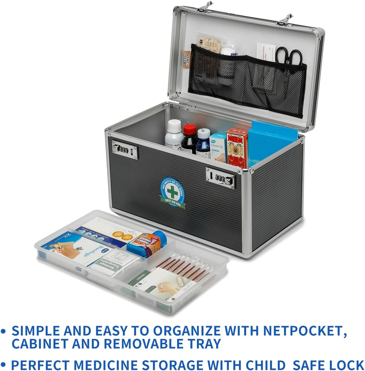 Large capacity Locking Box，Lockable Medication Box with Portable Storage Case, 15 x 8.7 x 9.3 Inch, Childproof Medicine Lock Organizer, Locked Empty First Aid Storage Case (Gray/X-Large)