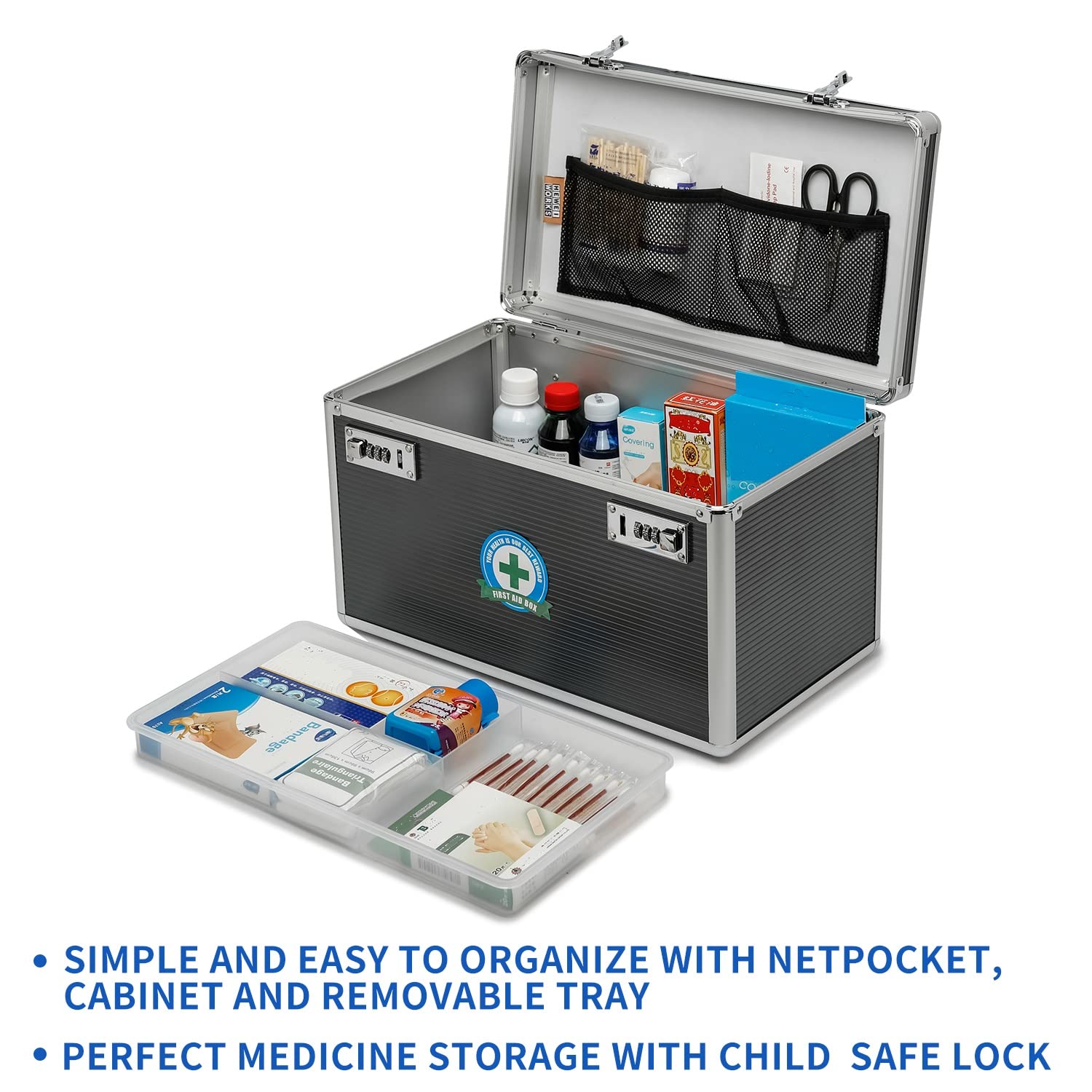 Caja de medicamentos con armario de cerradura de combinación, adecuada para el almacenamiento de farmacia y objetos personales importantes, contiene un pastillero de plástico (gris,