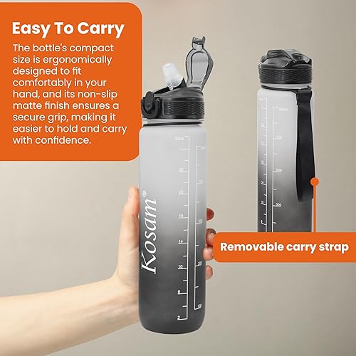 Miniatura 7 de Botella de agua deportiva de 1 litro con marcador de tiempo motivacional y pajilla, apta para lavavajillas, botella de bebida a prueba de fugas, sin