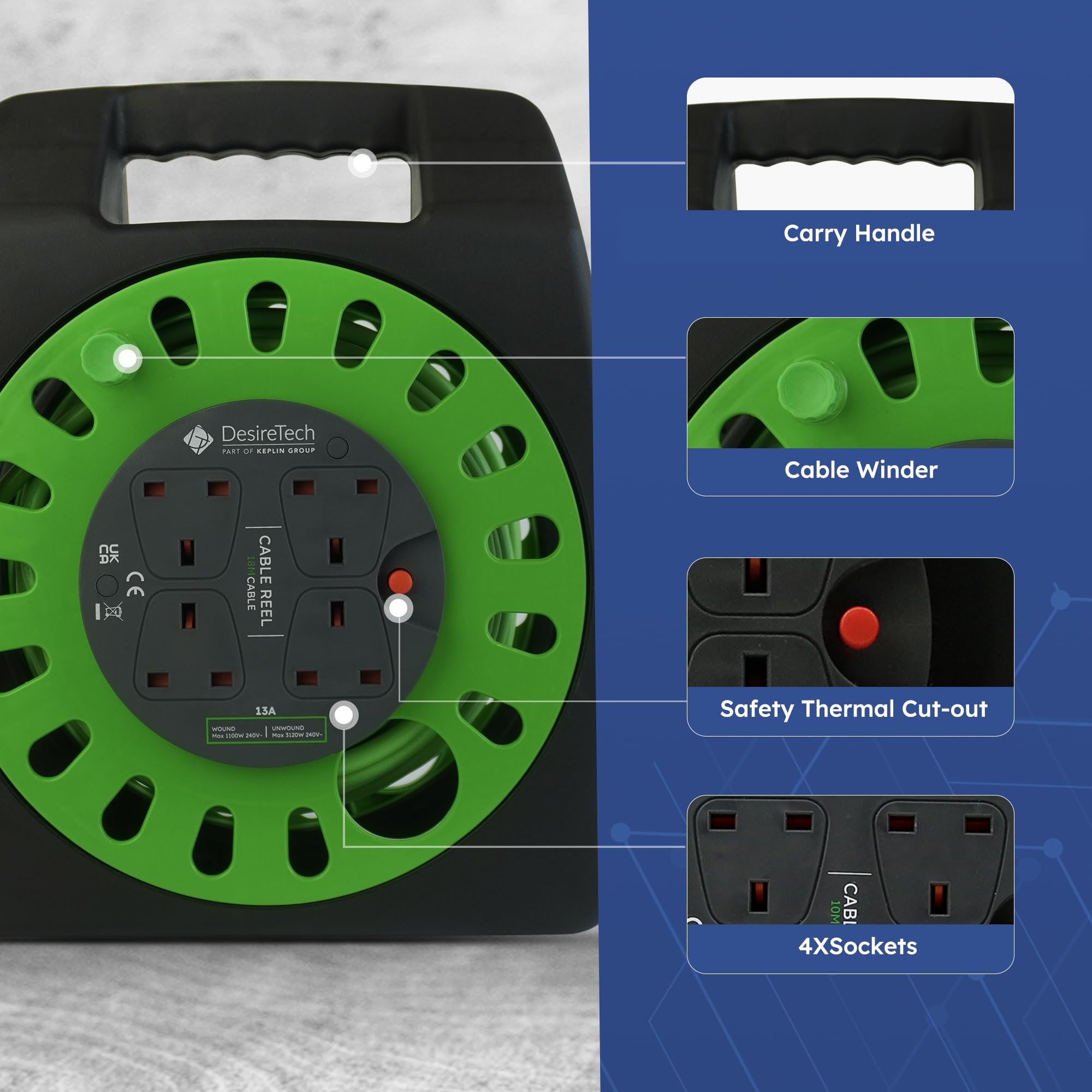 Desiretech - Cable de extensión portátil de 18 Metros - 4 enchufes obturados, Corte térmico, Mango ergonómico, Verde/Negro - Cable de extensión Resistente para Uso en Interiores (18 Metros)