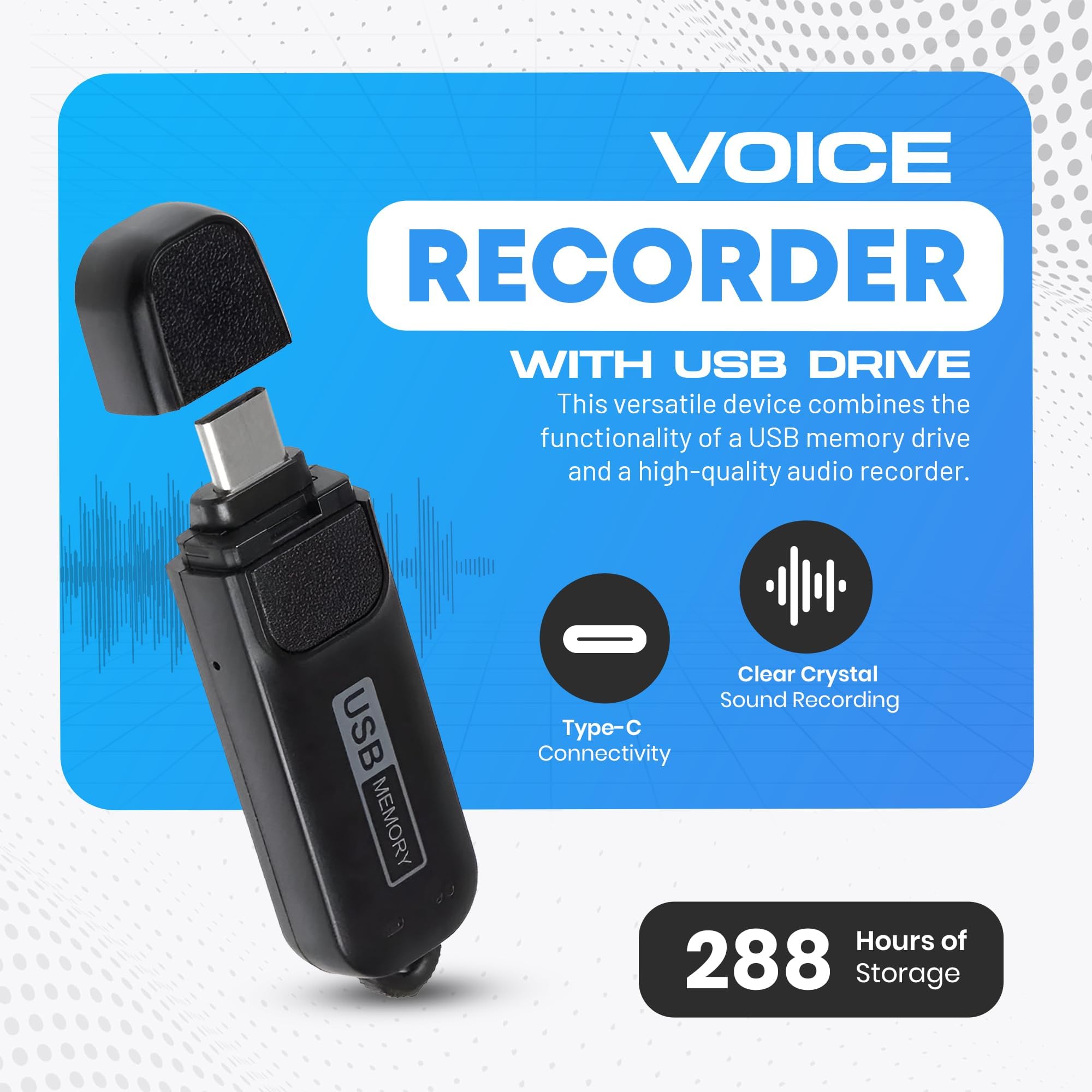 Registratore audio digitale USB-C per appunti, lezioni e riunioni, 288 ore di memoria, 26 ore di batteria, data e ora, facile riproduzione su PC/Mac, registratore vocale compatto per l'uso quotidiano