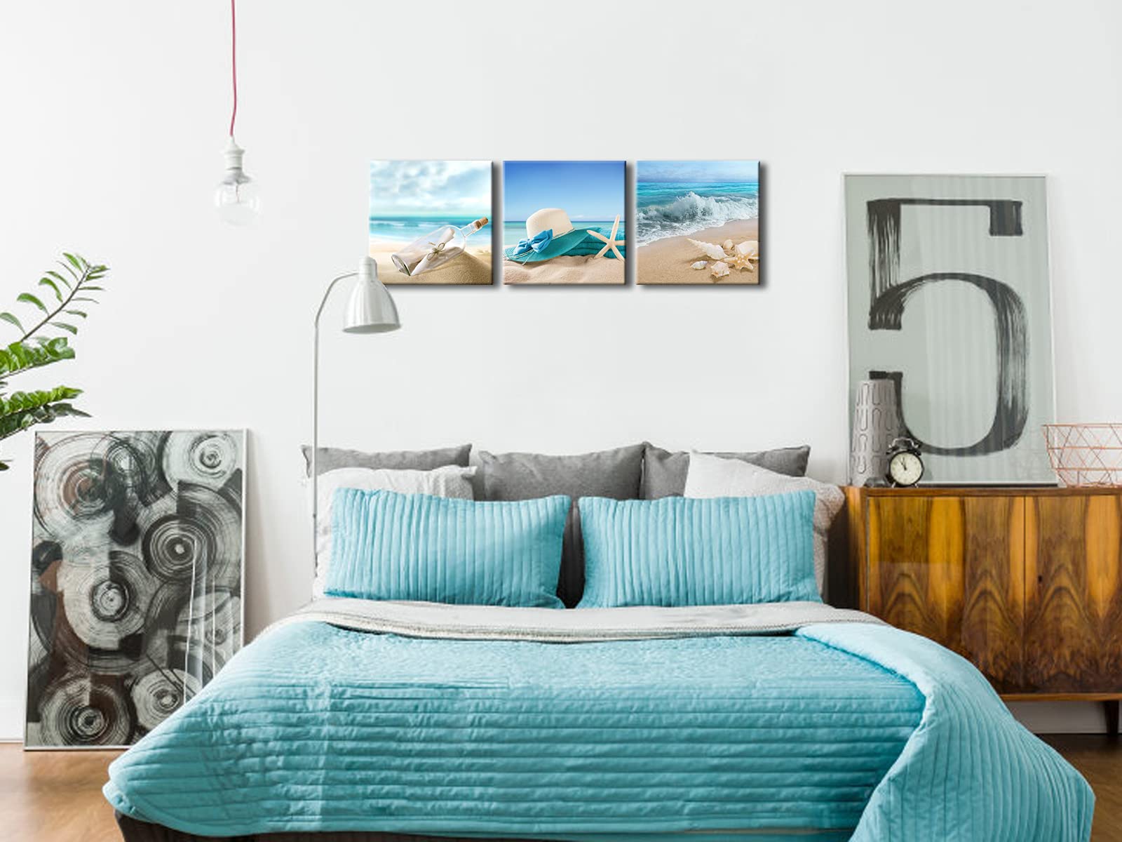 Pyradecor 3 Panels Starfish Seashell Bottle Beach Pictures on Canvas Wall Art Modern Seascape Stretched Canvas Prints Seaview Landscape Artwork for Bedroom Home Office Decorations