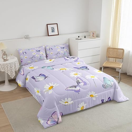 Miniatura 6 de Manfei Juego de edredón morado tamaño individual, juego de ropa de cama con flores de margarita y mariposas de 2 piezas para decoración de